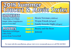Free Thursday Night Summer Concerts and Outdoor movies 2018 in Weymouth MA