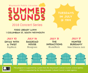 Free Summer Sounds Concerts at Fogg Library Lawn 2018 in Weymouth MA