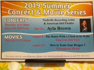 Free Thursday Night Summer Concerts and Outdoor movies 2019 in Weymouth MA